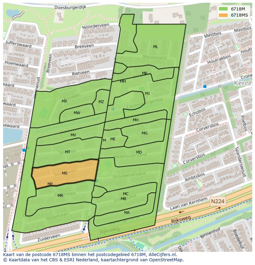 Afbeelding van het postcodegebied 6718 MS op de kaart.
