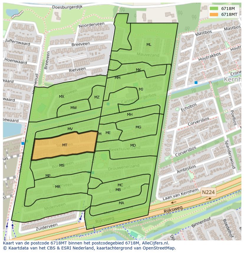 Afbeelding van het postcodegebied 6718 MT op de kaart.