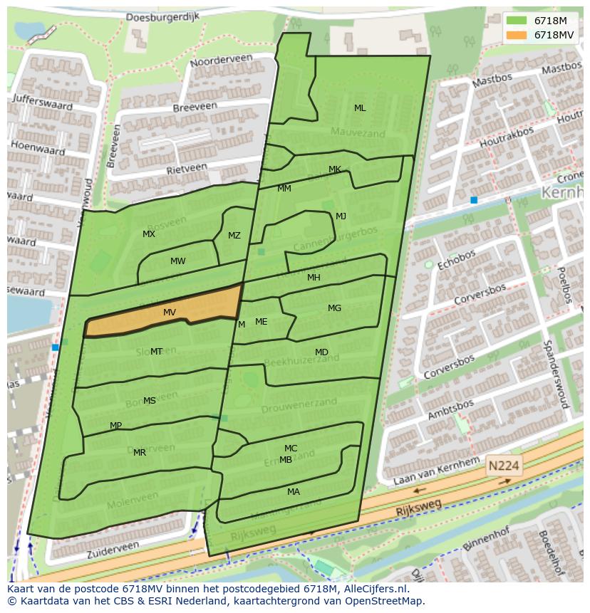 Afbeelding van het postcodegebied 6718 MV op de kaart.