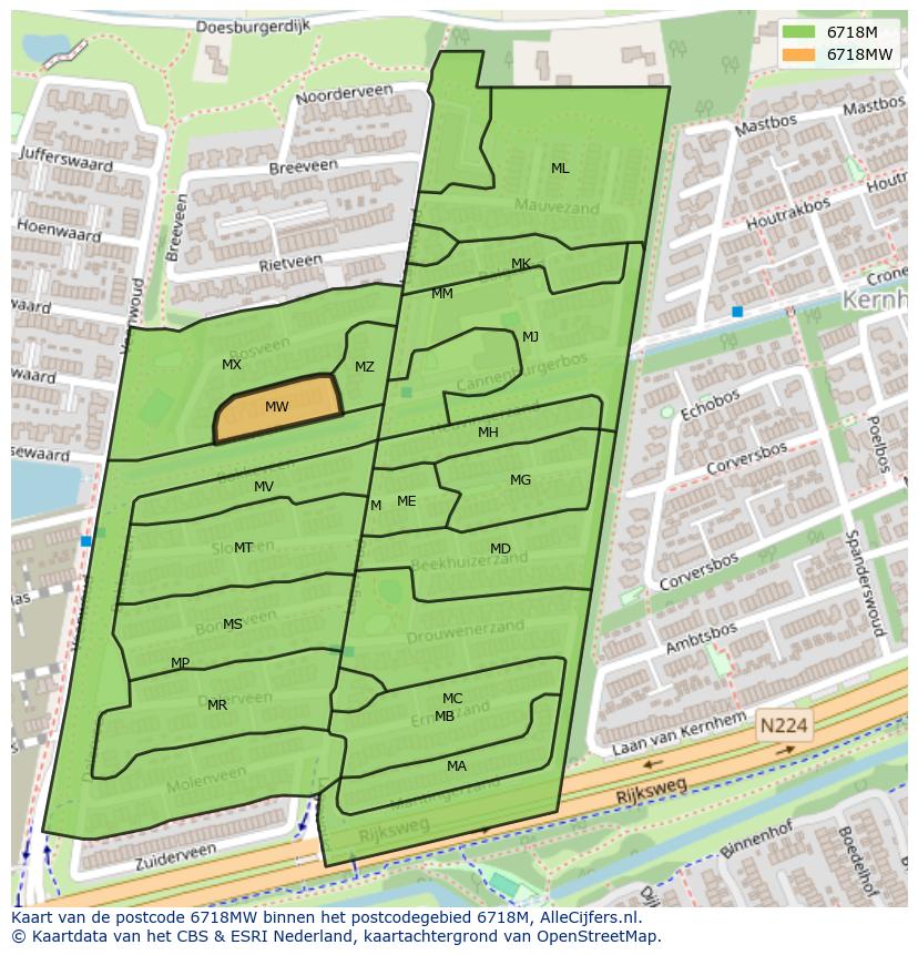 Afbeelding van het postcodegebied 6718 MW op de kaart.