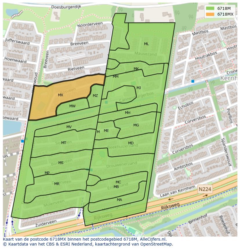 Afbeelding van het postcodegebied 6718 MX op de kaart.