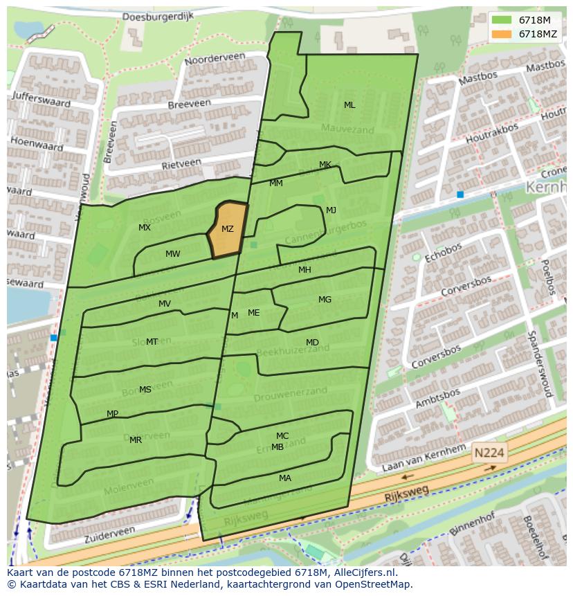 Afbeelding van het postcodegebied 6718 MZ op de kaart.