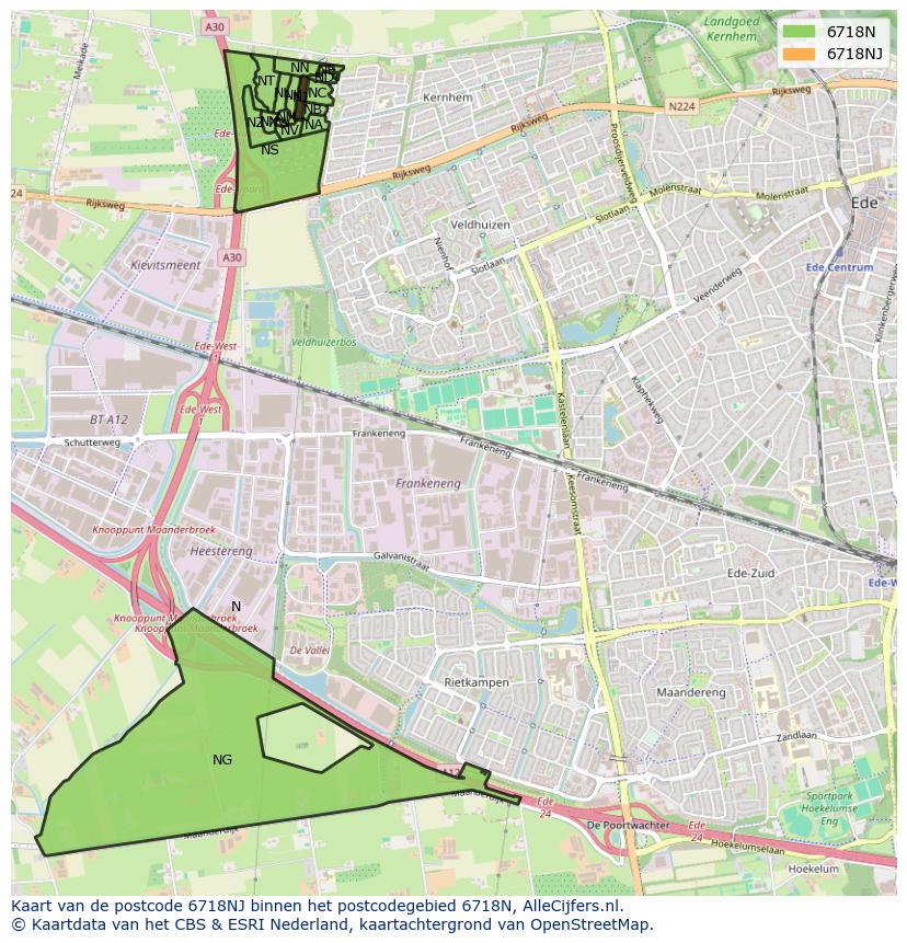 Afbeelding van het postcodegebied 6718 NJ op de kaart.