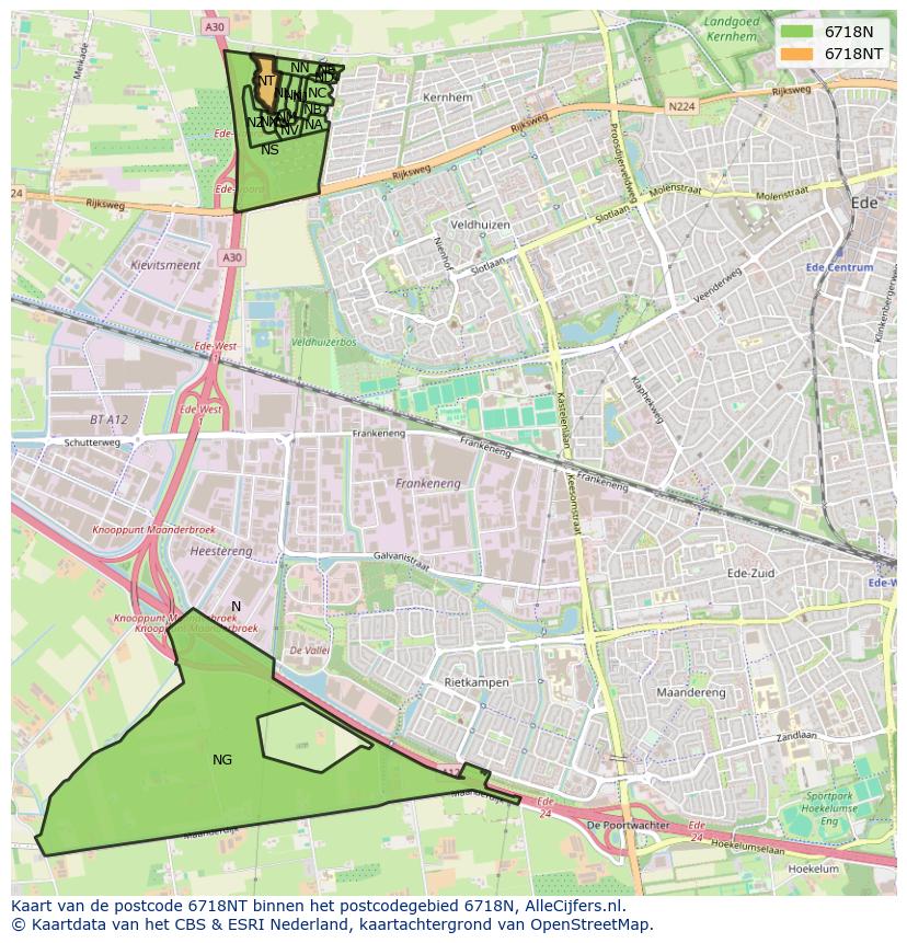 Afbeelding van het postcodegebied 6718 NT op de kaart.