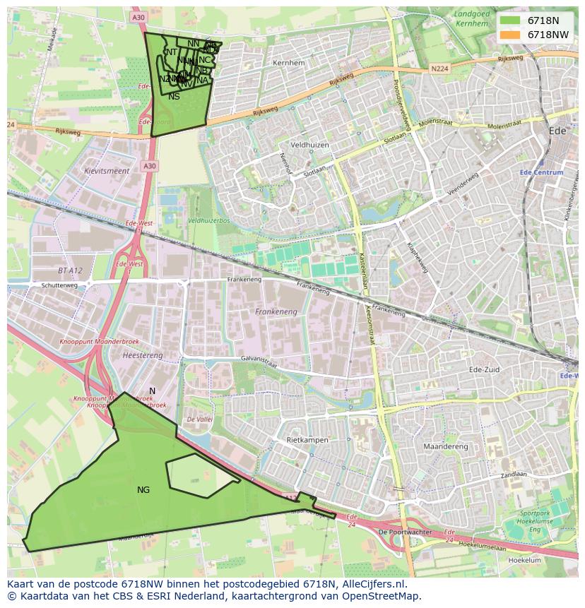 Afbeelding van het postcodegebied 6718 NW op de kaart.