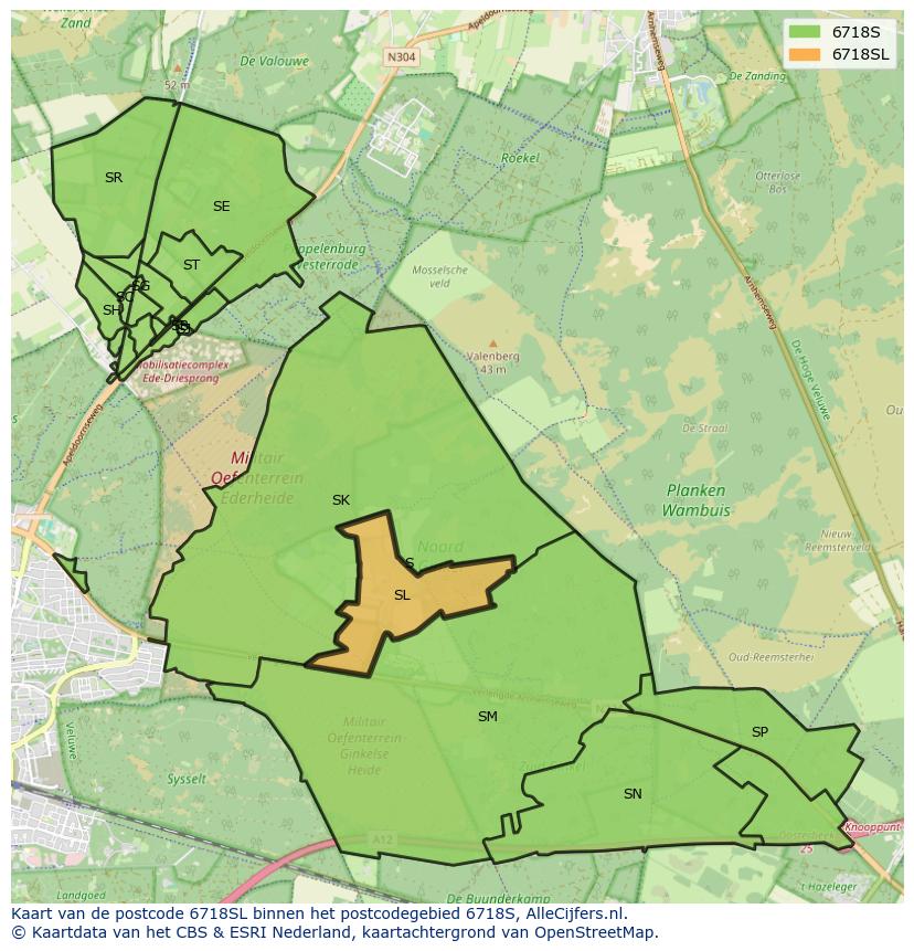 Afbeelding van het postcodegebied 6718 SL op de kaart.