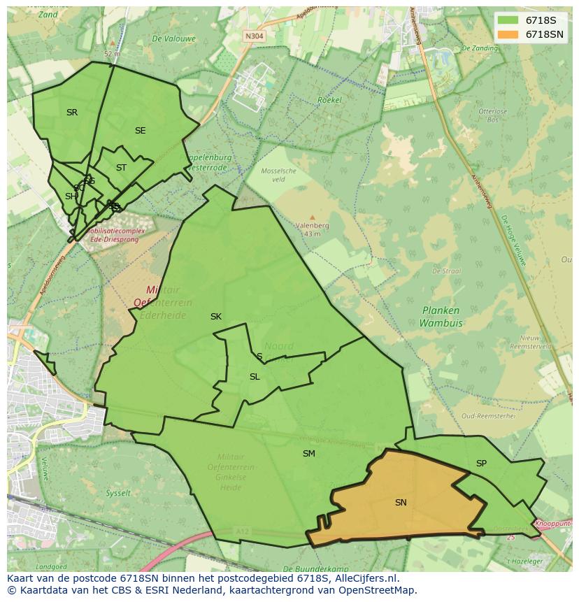 Afbeelding van het postcodegebied 6718 SN op de kaart.