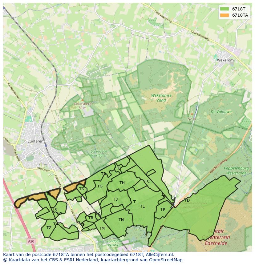 Afbeelding van het postcodegebied 6718 TA op de kaart.