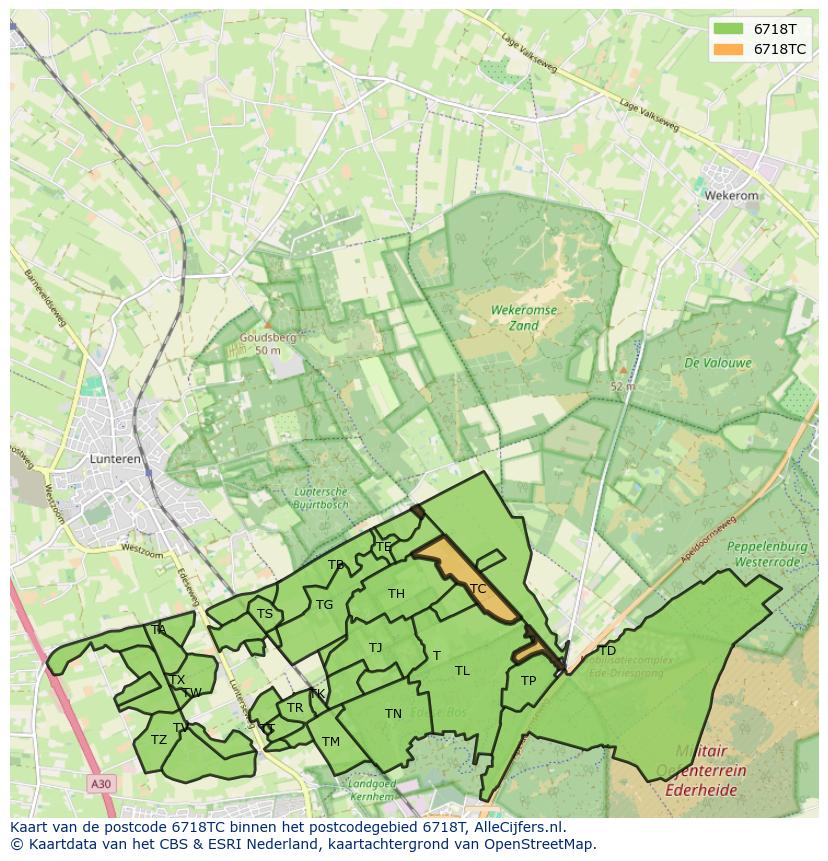 Afbeelding van het postcodegebied 6718 TC op de kaart.