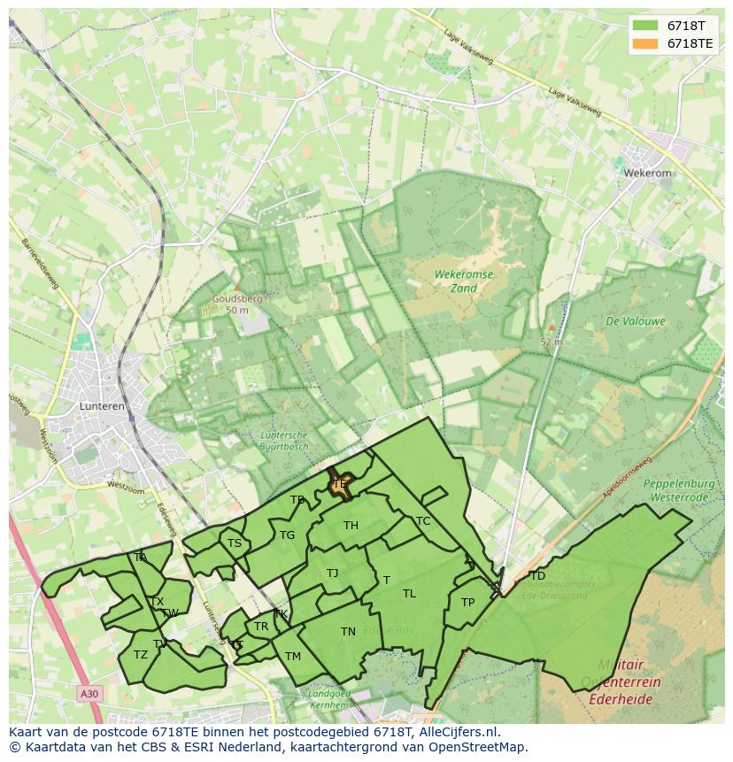 Afbeelding van het postcodegebied 6718 TE op de kaart.