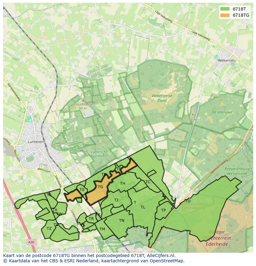 Afbeelding van het postcodegebied 6718 TG op de kaart.