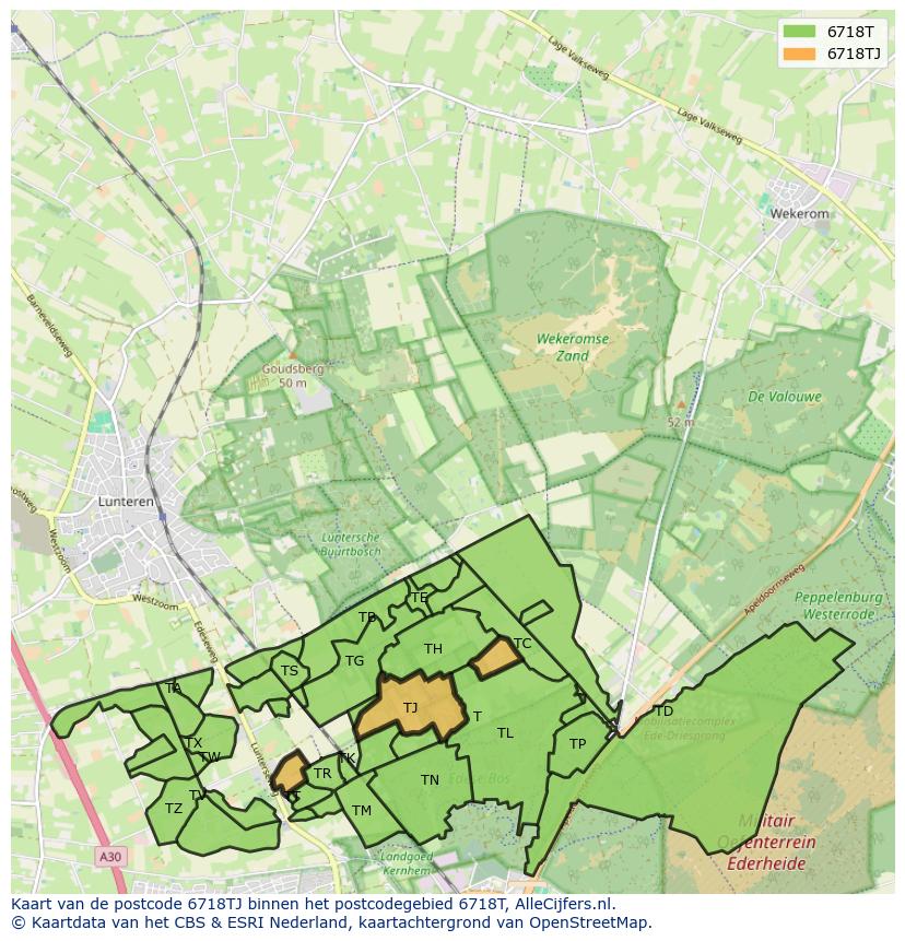 Afbeelding van het postcodegebied 6718 TJ op de kaart.