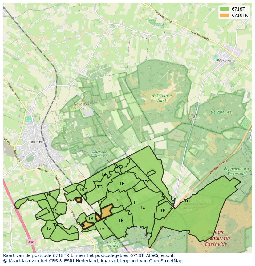 Afbeelding van het postcodegebied 6718 TK op de kaart.