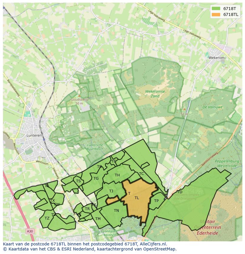 Afbeelding van het postcodegebied 6718 TL op de kaart.