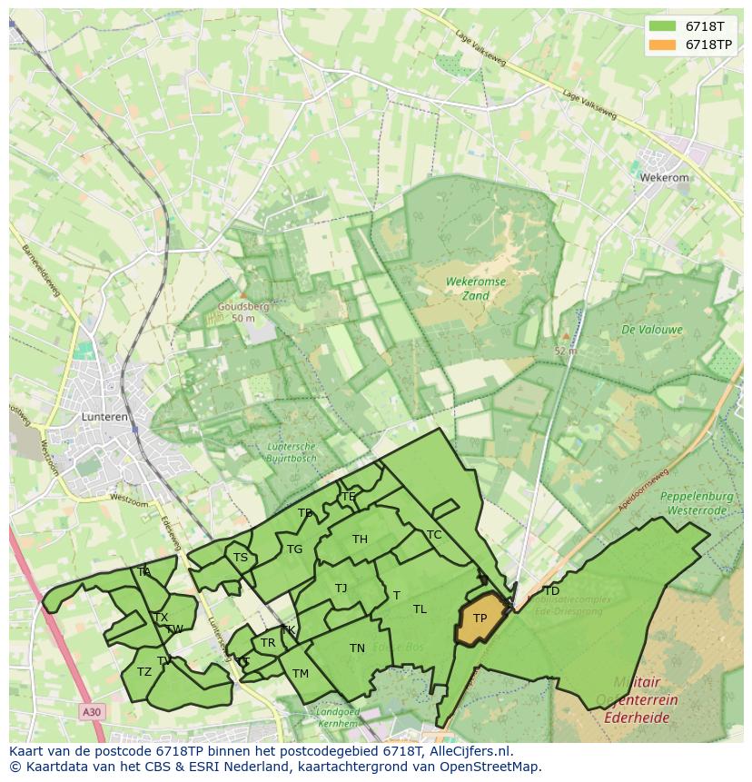 Afbeelding van het postcodegebied 6718 TP op de kaart.