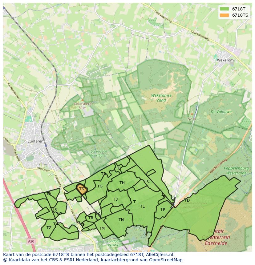 Afbeelding van het postcodegebied 6718 TS op de kaart.