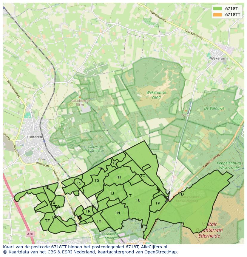 Afbeelding van het postcodegebied 6718 TT op de kaart.