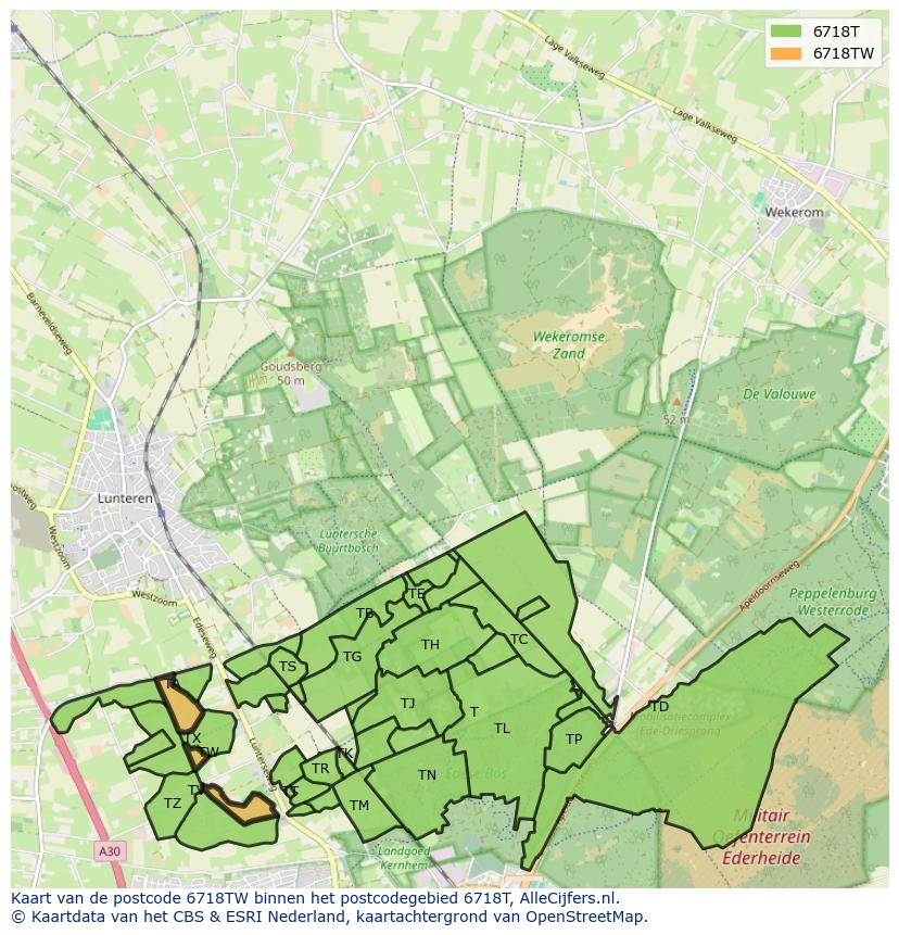 Afbeelding van het postcodegebied 6718 TW op de kaart.