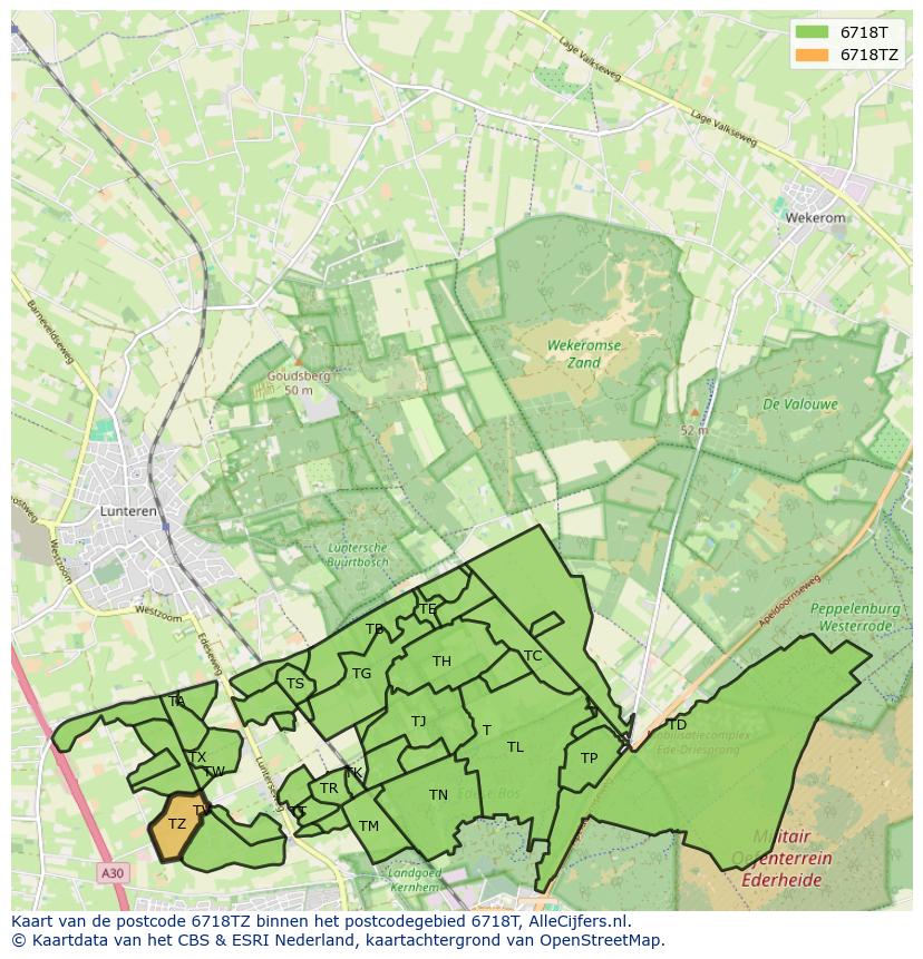 Afbeelding van het postcodegebied 6718 TZ op de kaart.