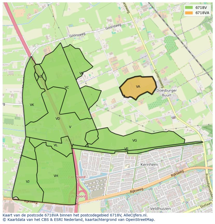 Afbeelding van het postcodegebied 6718 VA op de kaart.