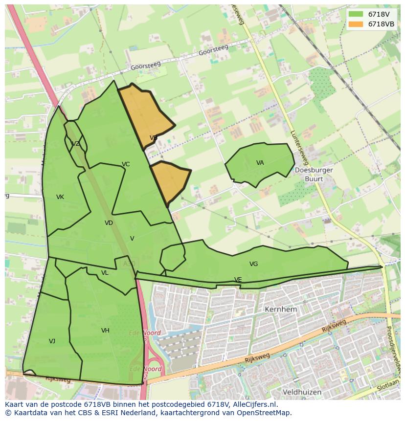 Afbeelding van het postcodegebied 6718 VB op de kaart.