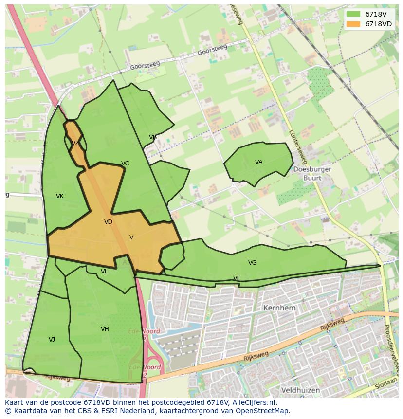 Afbeelding van het postcodegebied 6718 VD op de kaart.