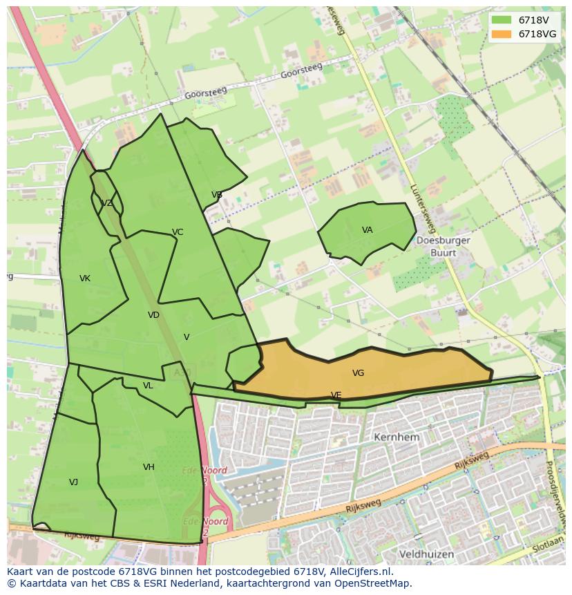 Afbeelding van het postcodegebied 6718 VG op de kaart.