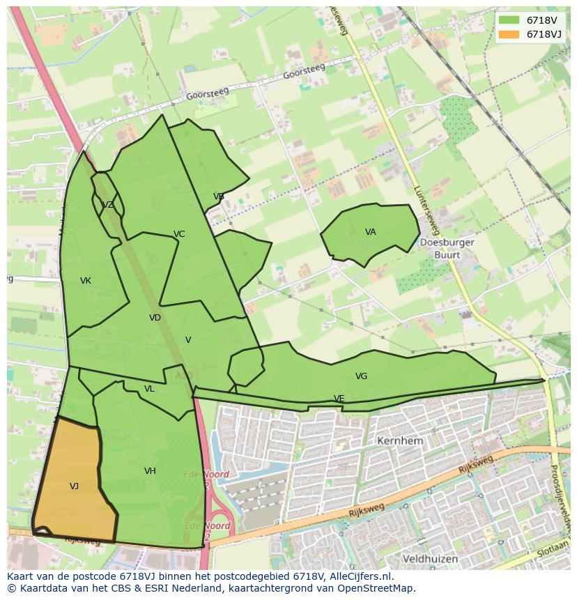 Afbeelding van het postcodegebied 6718 VJ op de kaart.