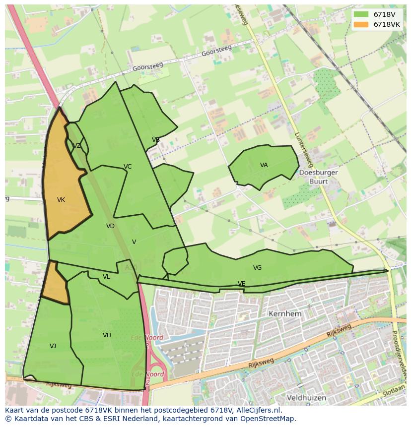 Afbeelding van het postcodegebied 6718 VK op de kaart.