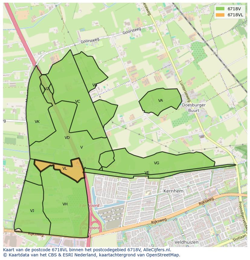 Afbeelding van het postcodegebied 6718 VL op de kaart.