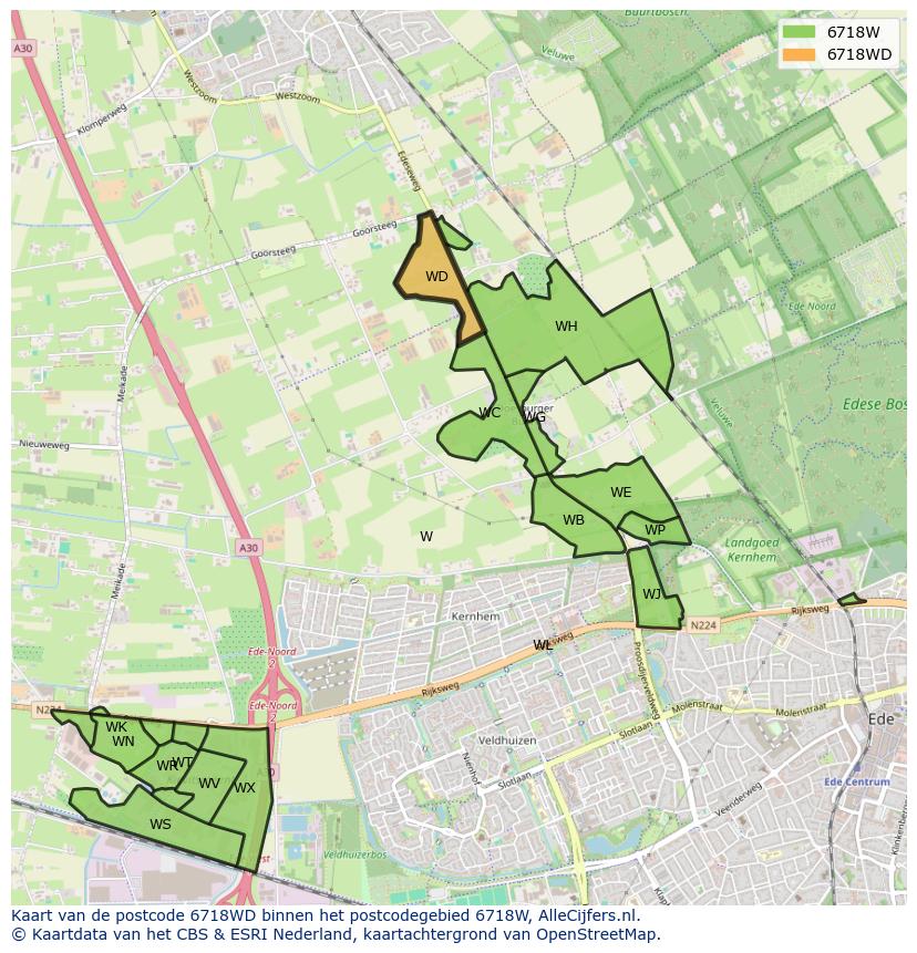 Afbeelding van het postcodegebied 6718 WD op de kaart.