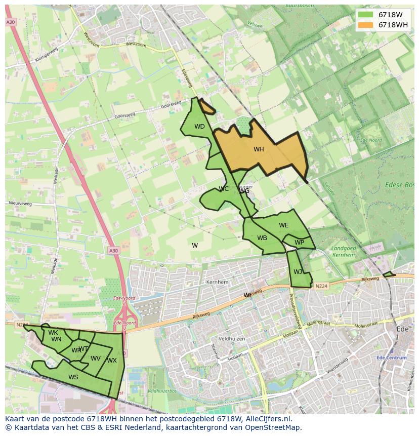 Afbeelding van het postcodegebied 6718 WH op de kaart.