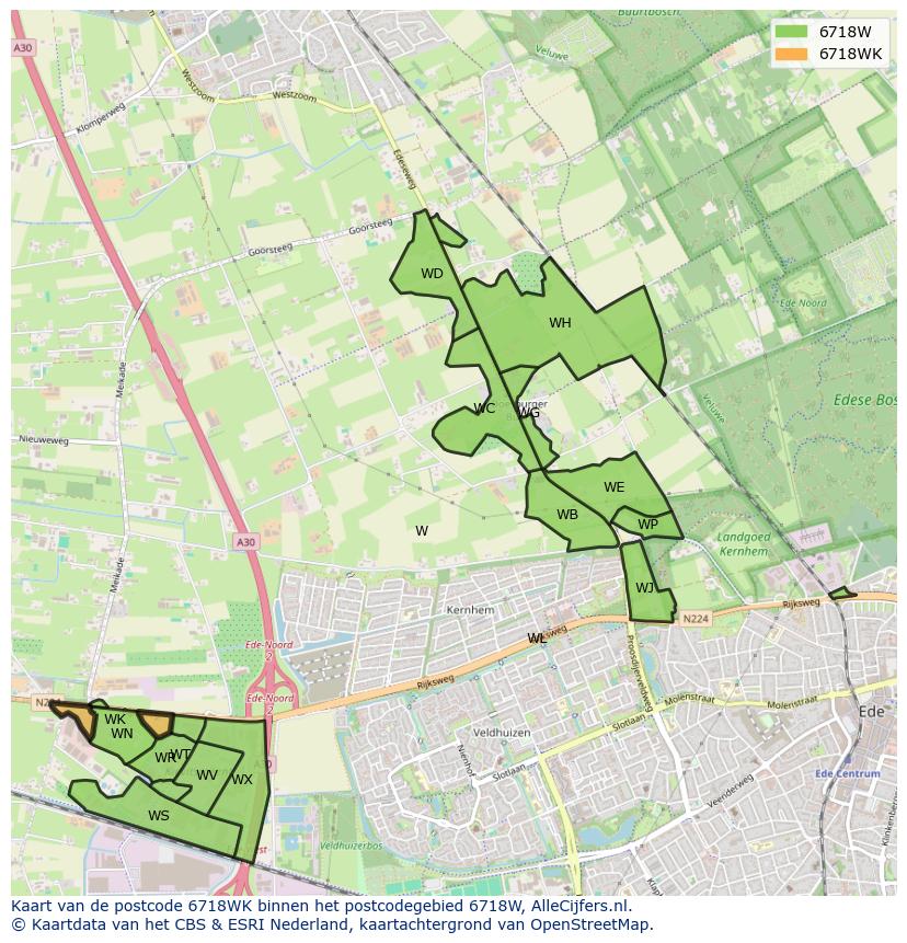 Afbeelding van het postcodegebied 6718 WK op de kaart.