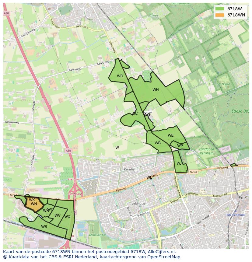 Afbeelding van het postcodegebied 6718 WN op de kaart.