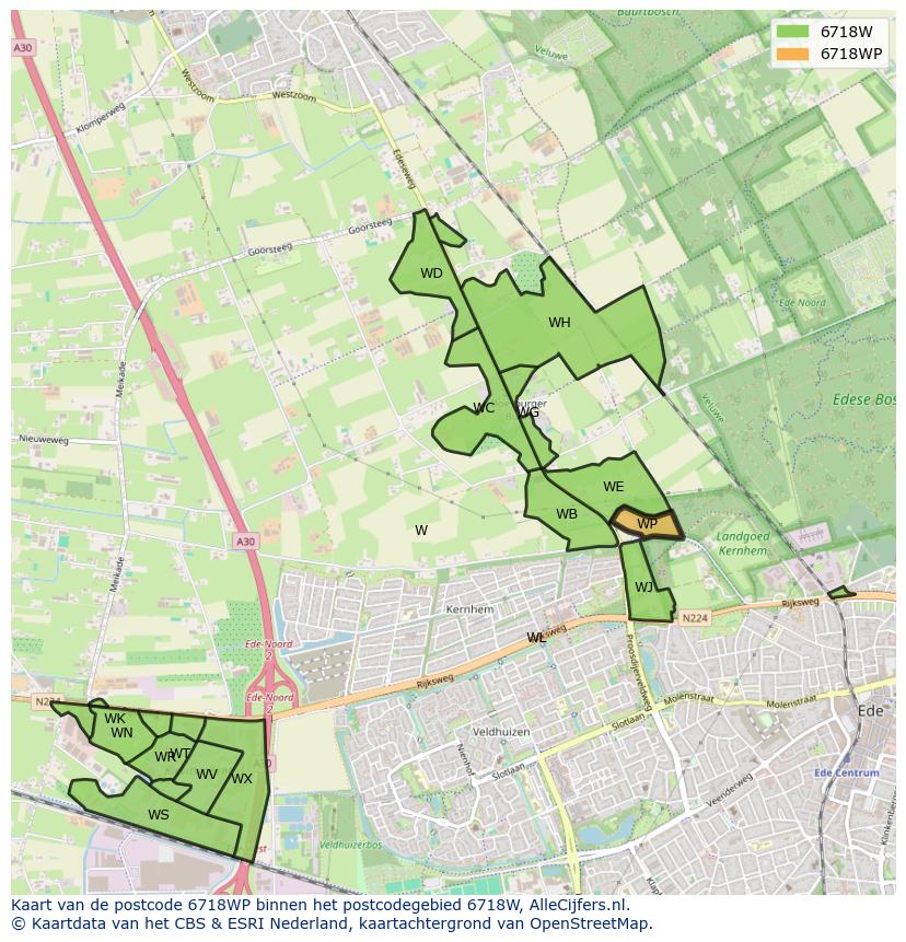 Afbeelding van het postcodegebied 6718 WP op de kaart.