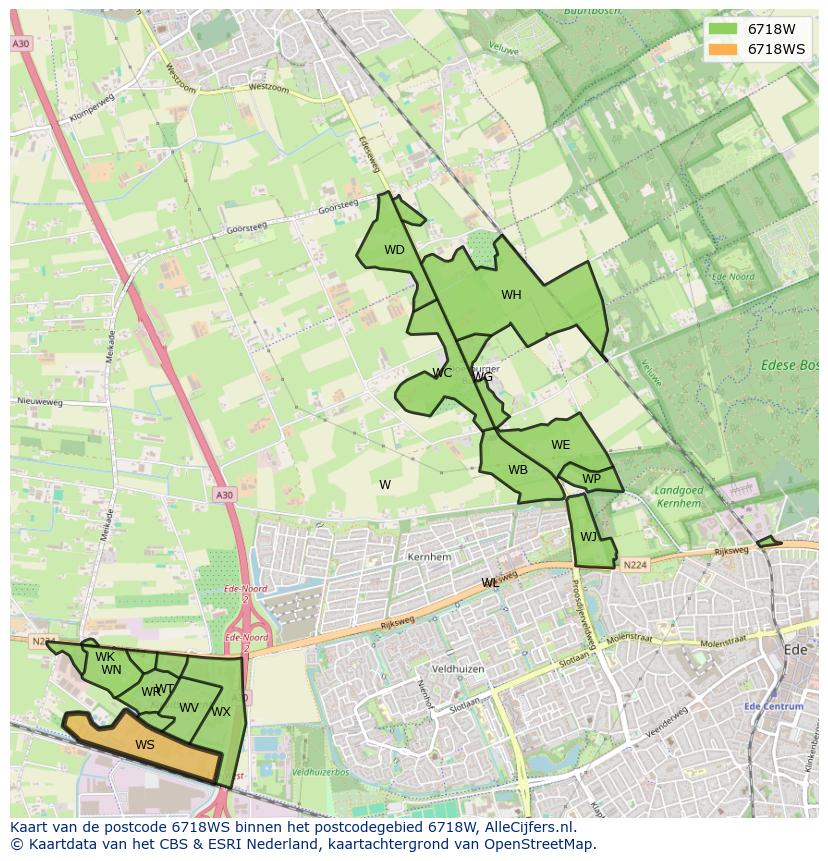 Afbeelding van het postcodegebied 6718 WS op de kaart.