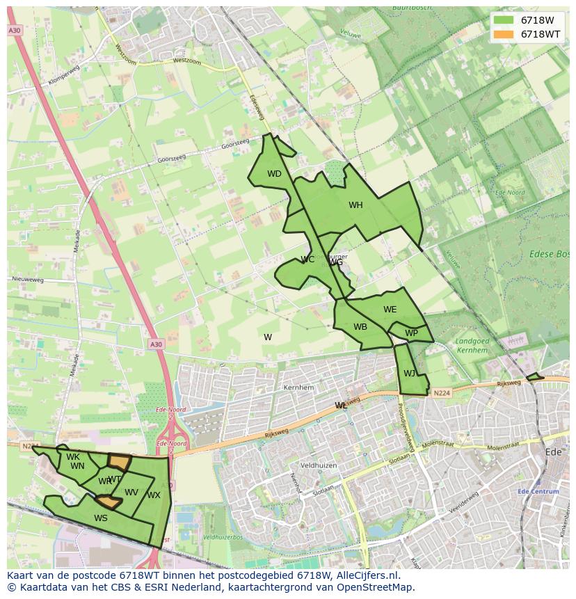 Afbeelding van het postcodegebied 6718 WT op de kaart.
