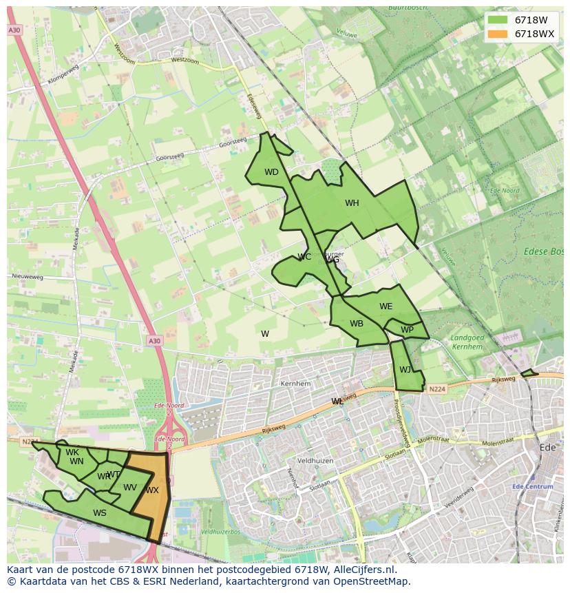 Afbeelding van het postcodegebied 6718 WX op de kaart.