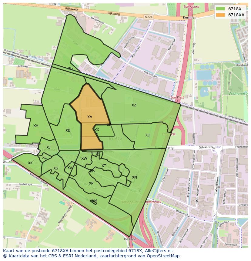 Afbeelding van het postcodegebied 6718 XA op de kaart.