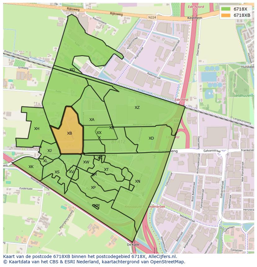 Afbeelding van het postcodegebied 6718 XB op de kaart.