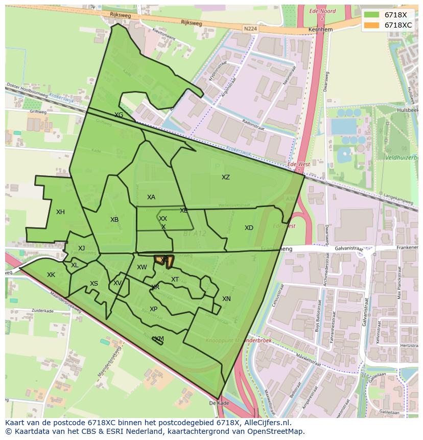 Afbeelding van het postcodegebied 6718 XC op de kaart.