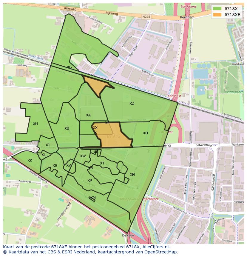 Afbeelding van het postcodegebied 6718 XE op de kaart.
