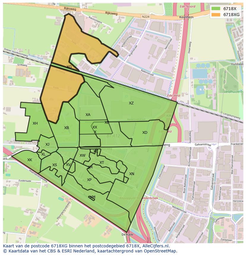 Afbeelding van het postcodegebied 6718 XG op de kaart.