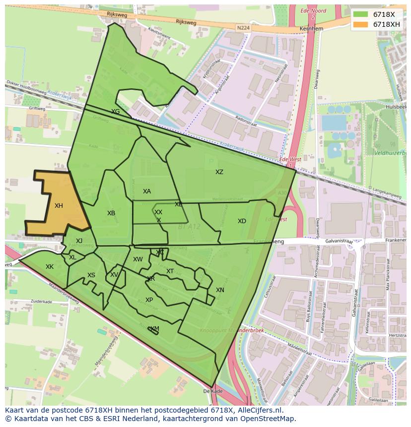 Afbeelding van het postcodegebied 6718 XH op de kaart.