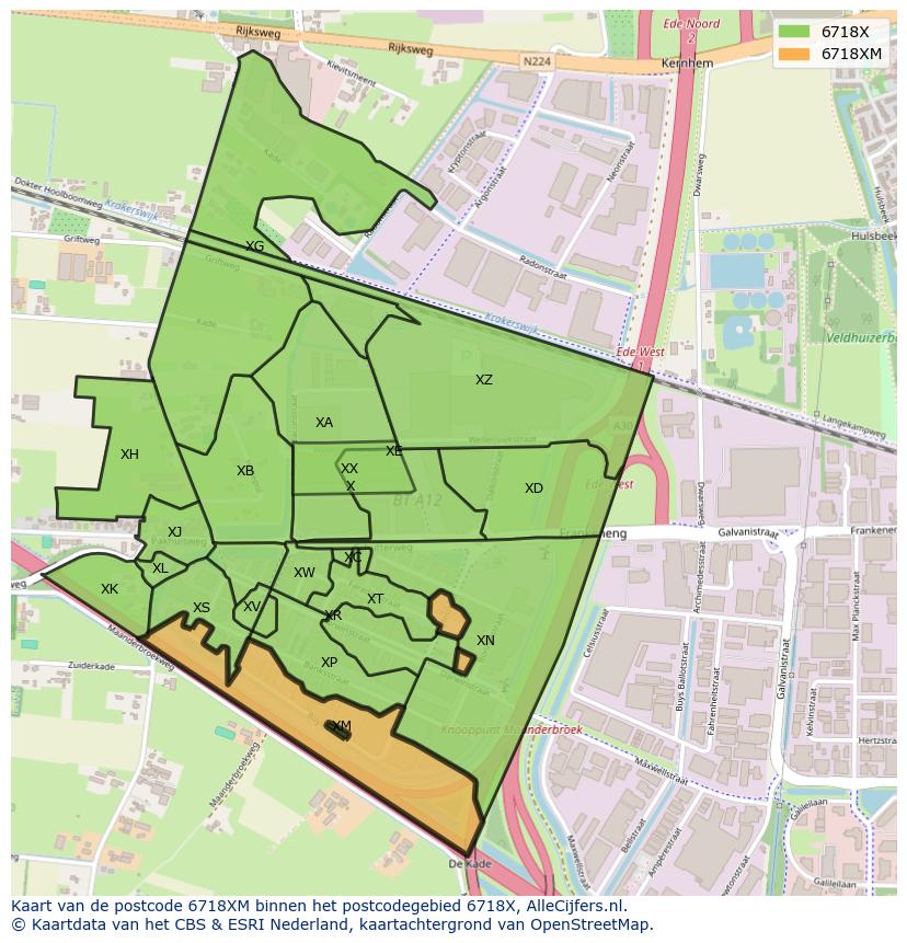 Afbeelding van het postcodegebied 6718 XM op de kaart.