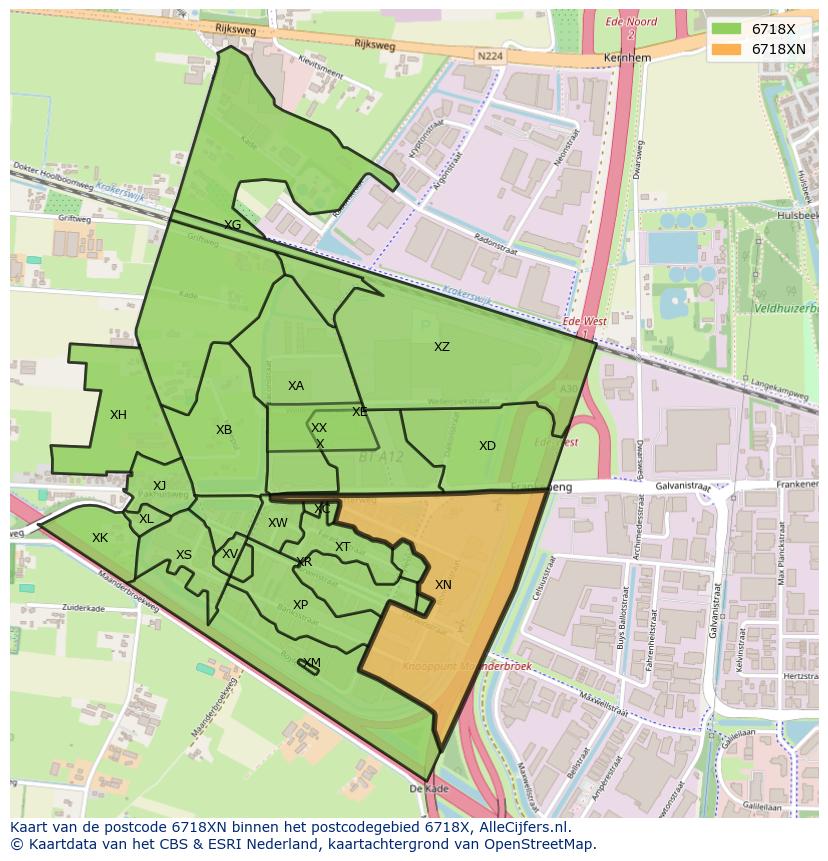 Afbeelding van het postcodegebied 6718 XN op de kaart.