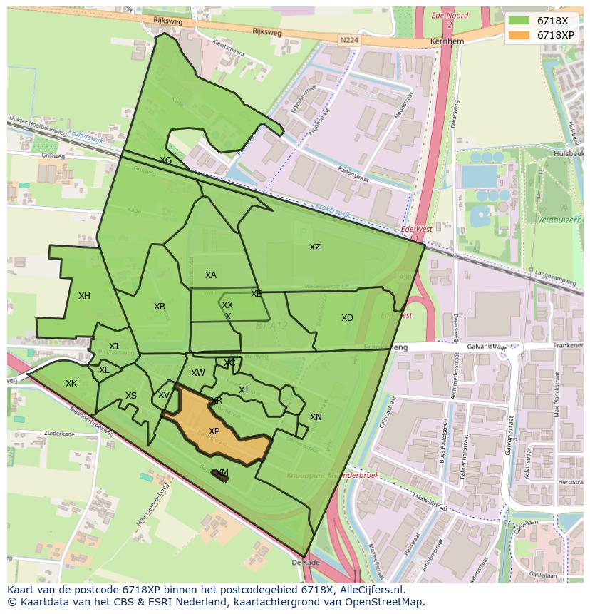 Afbeelding van het postcodegebied 6718 XP op de kaart.