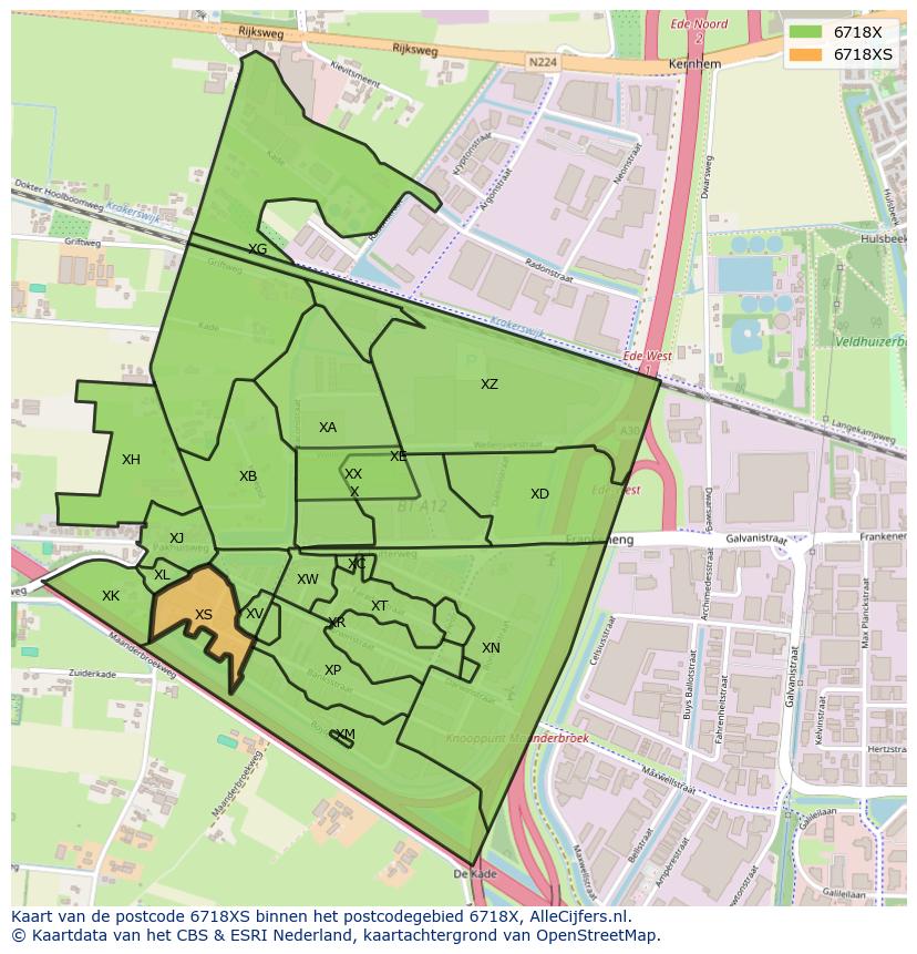 Afbeelding van het postcodegebied 6718 XS op de kaart.