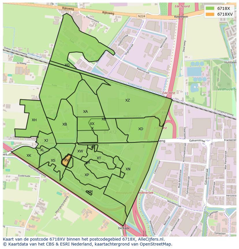 Afbeelding van het postcodegebied 6718 XV op de kaart.