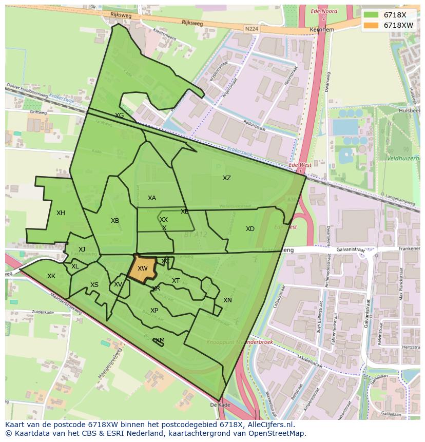 Afbeelding van het postcodegebied 6718 XW op de kaart.